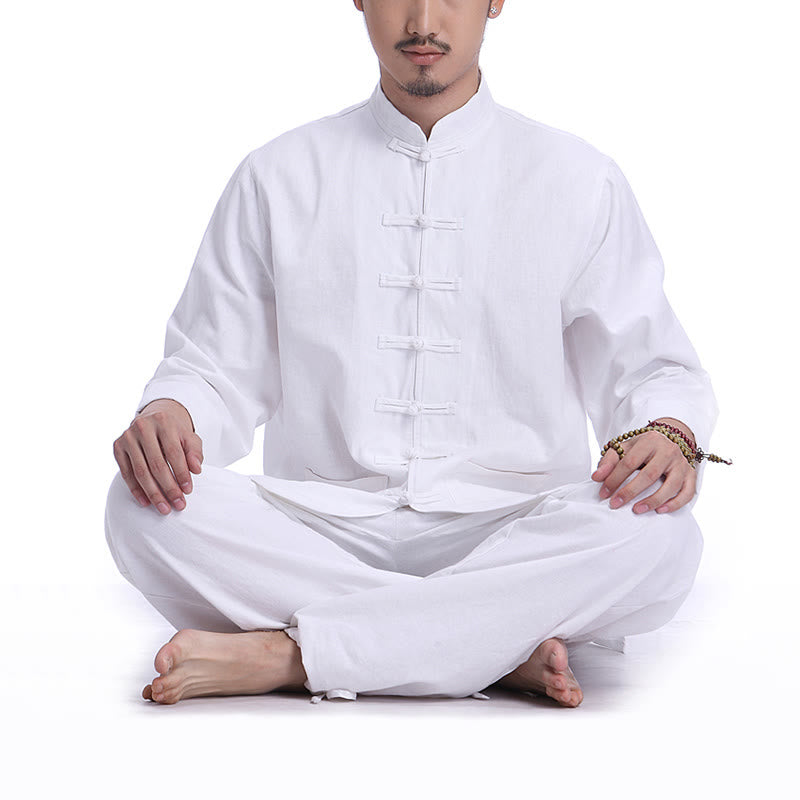 Buddha Stones Chinese Frog Button Design Meditation Prayer Cotton Linen Spiritual Zen Practice Yoga Clothing Men's Set - White(Long Sleeve) - US/UK/AU44,EU54 (3XL) - image 8