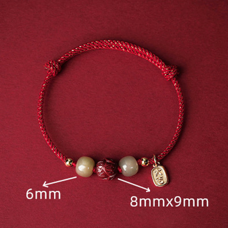 Buddha Stones 14K Gold Plated Hetian Jade Cinnabar Lotus Luck Handcrafted Rope Bracelet - image 4