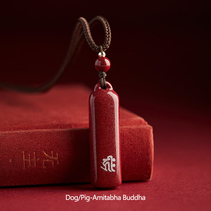 Chinese Zodiac Natal Buddha Cinnabar Amulet Protection String Necklace Pendant - Brown - Dog/Pig-Amitabha Buddha - image 17