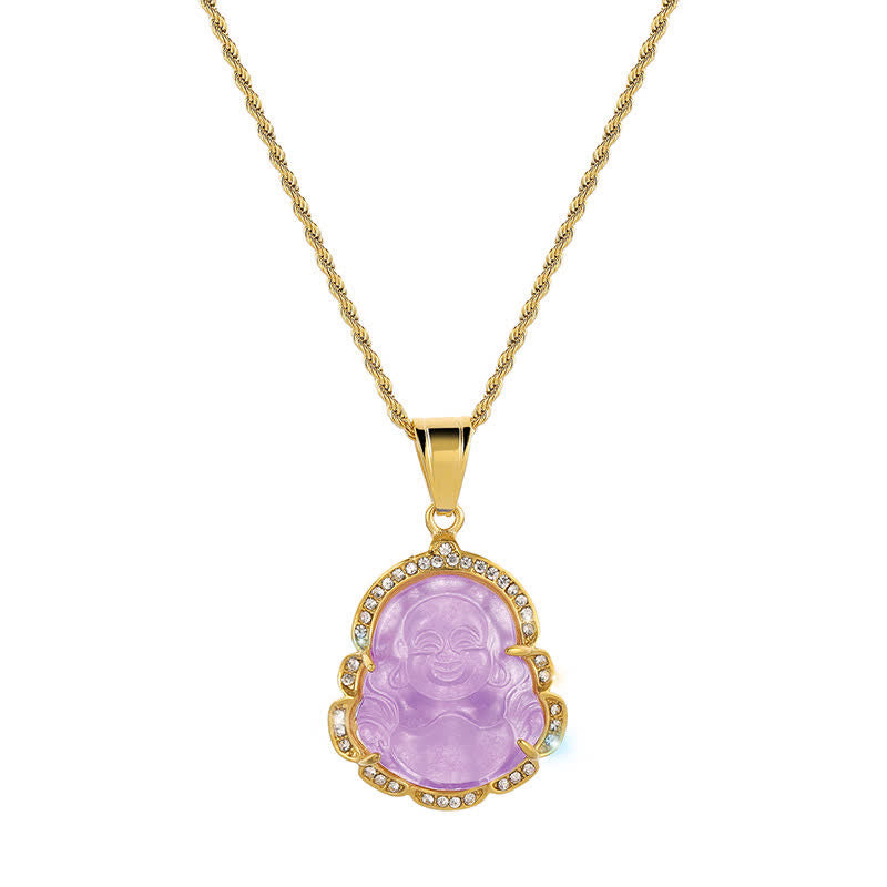 Buddha Stones 18K Gold Filled Laughing Buddha Jade Luck Necklace Chain Pendant - Light Purple - image 14