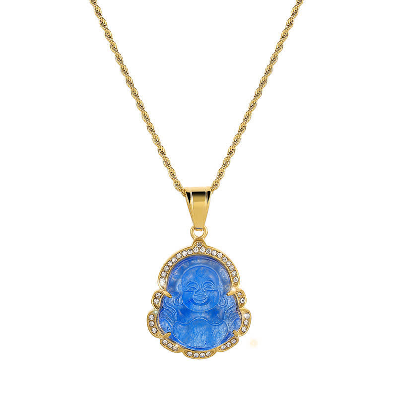 Buddha Stones 18K Gold Filled Laughing Buddha Jade Luck Necklace Chain Pendant - Blue - image 15