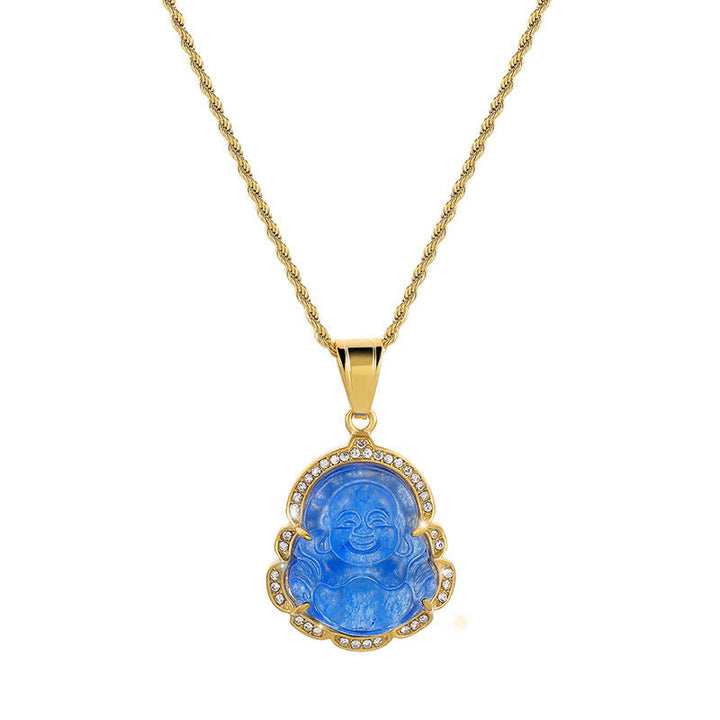 Buddha Stones 18K Gold Filled Laughing Buddha Jade Luck Necklace Chain Pendant - Blue - image 15