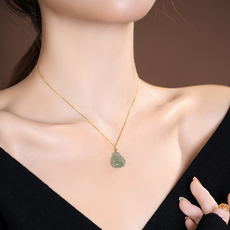 925 Sterling Silver Natural Hetian Jade Cyan Jade Luck Laughing Buddha Butterfly Necklace Pendant - image 3