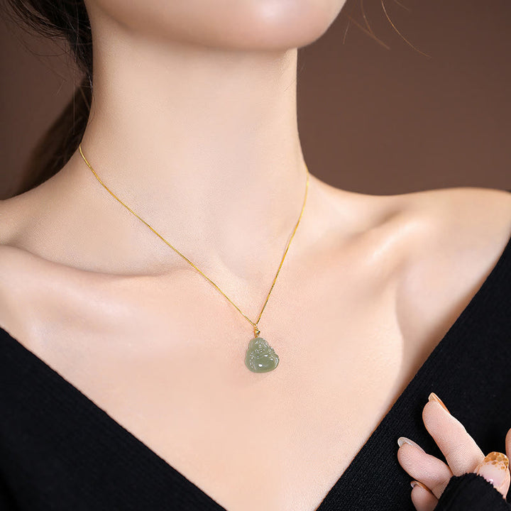 925 Sterling Silver Natural Hetian Jade Cyan Jade Luck Laughing Buddha Butterfly Necklace Pendant - image 3