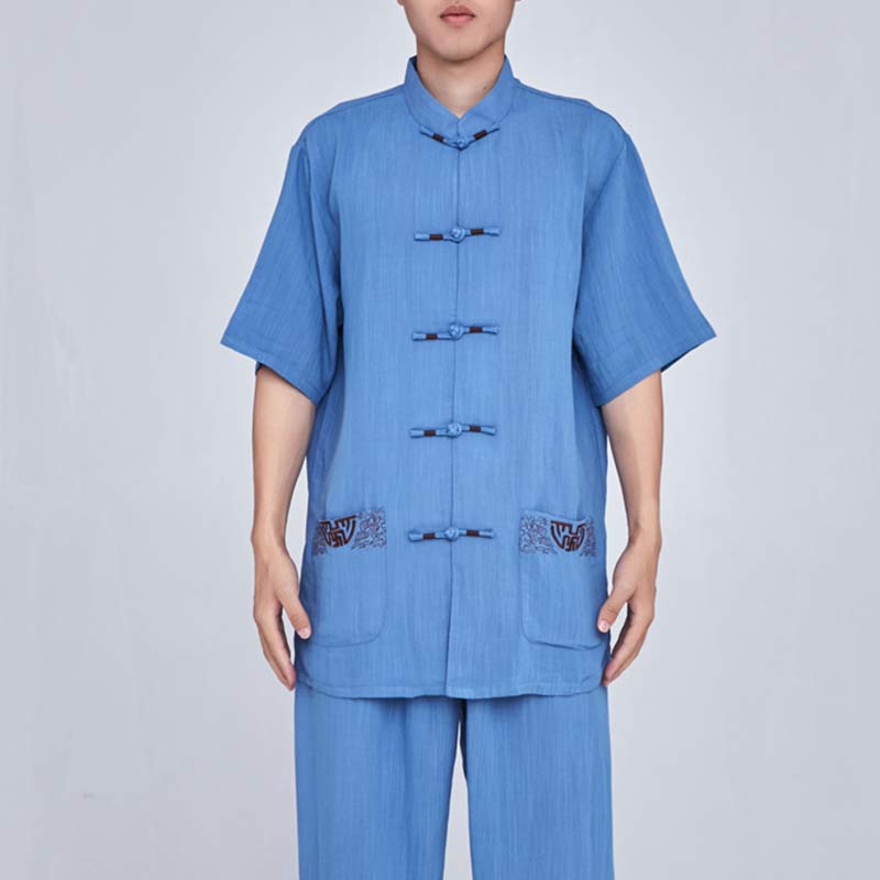 Buddha Stones Meditation Zen Prayer Spiritual Tai Chi Qigong Practice Unisex Embroidery Clothing Set - Short Sleeve Blue Embroidery - US14,UK/AU18,EU46 (3XL) - image 32