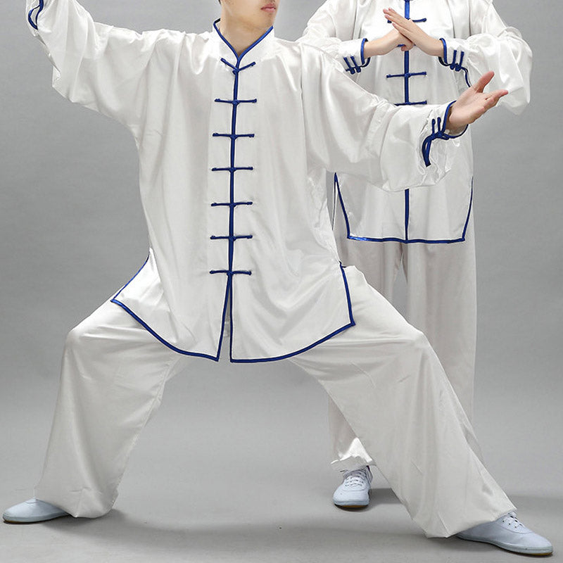 Simple Pattern Meditation Prayer Spiritual Zen Tai Chi Qigong Practice Unisex Clothing Set - White + Blue Edge - 3XL-FIT FOR US/UK/AU/EU-2XL - image 0