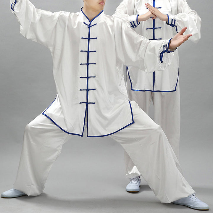 Simple Pattern Meditation Prayer Spiritual Zen Tai Chi Qigong Practice Unisex Clothing Set - White + Blue Edge - 3XL-FIT FOR US/UK/AU/EU-2XL - image 0