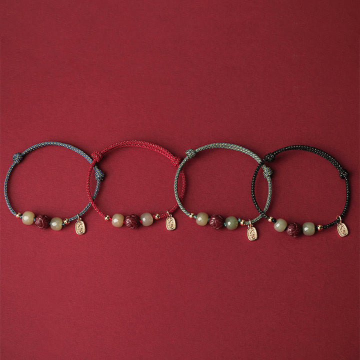 Buddha Stones 14K Gold Plated Hetian Jade Cinnabar Lotus Luck Handcrafted Rope Bracelet - image 13