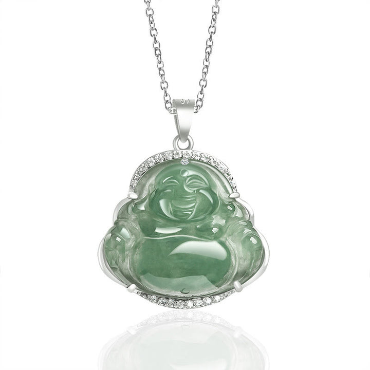 Buddha Stones 925 Sterling Silver Laughing Buddha Natural Jade Luck Prosperity Necklace Chain Pendant - Laughing Buddha(Happinessâ„Wealth) - image 1