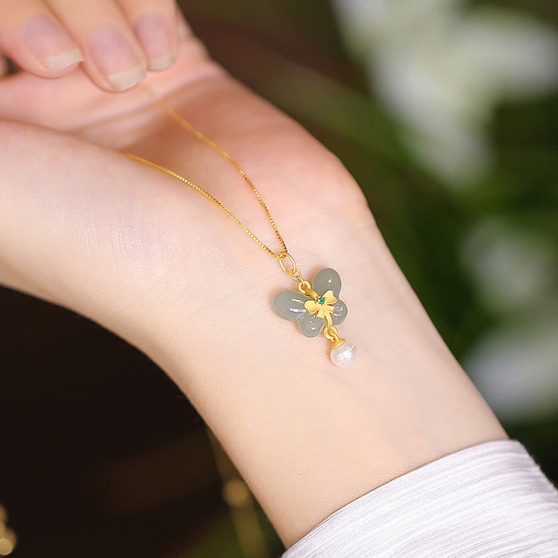 925 Sterling Silver Natural Hetian Jade Cyan Jade Luck Laughing Buddha Butterfly Necklace Pendant - Butterfly Pearl - image 34