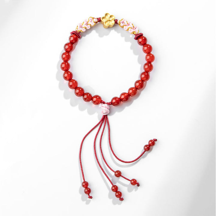 Buddha Stones 999 Sterling Silver Natural Red Agate Pink Crystal Cherry blossom Bracelet