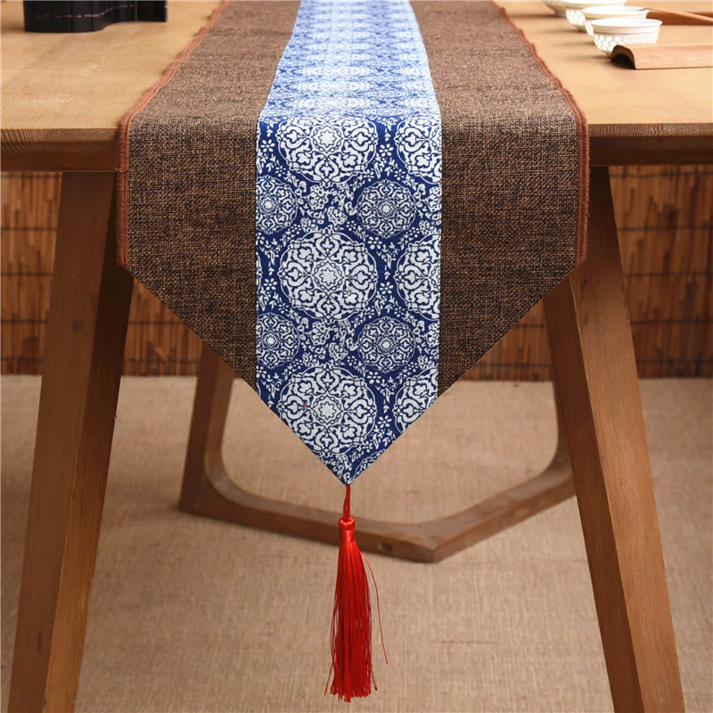 Buddha Stones Classic Chinese Style Lotus Koi Fish Flower Crane Calligraphy Enlightenment Cotton Linen Tassels Table Runner