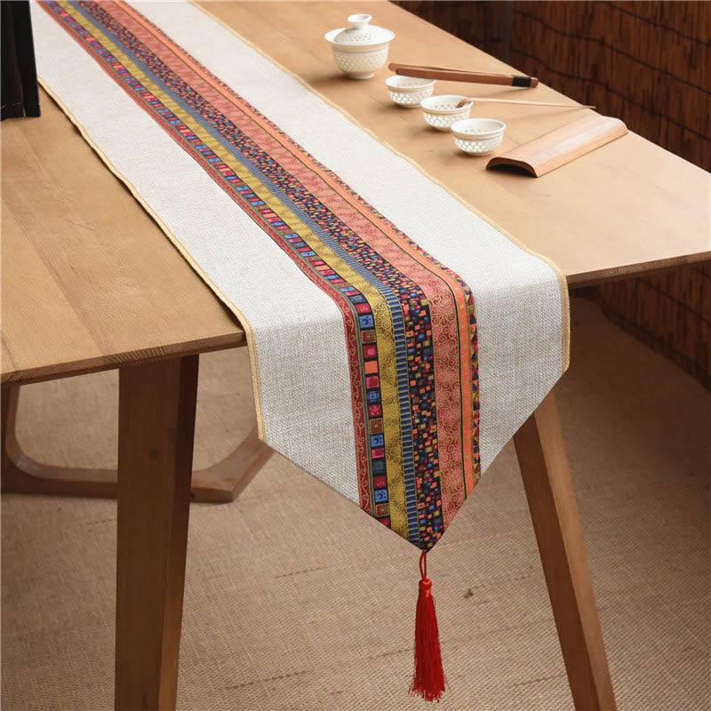 Buddha Stones Classic Chinese Style Lotus Koi Fish Flower Crane Calligraphy Enlightenment Cotton Linen Tassels Table Runner