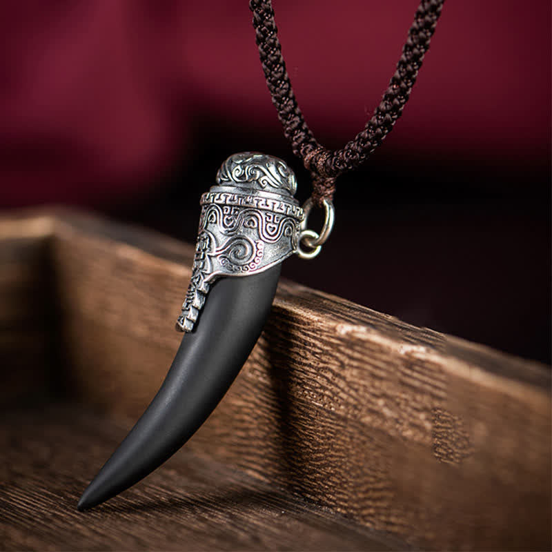 925 Sterling Silver Black Obsidian Wolf Tooth Pattern Strength