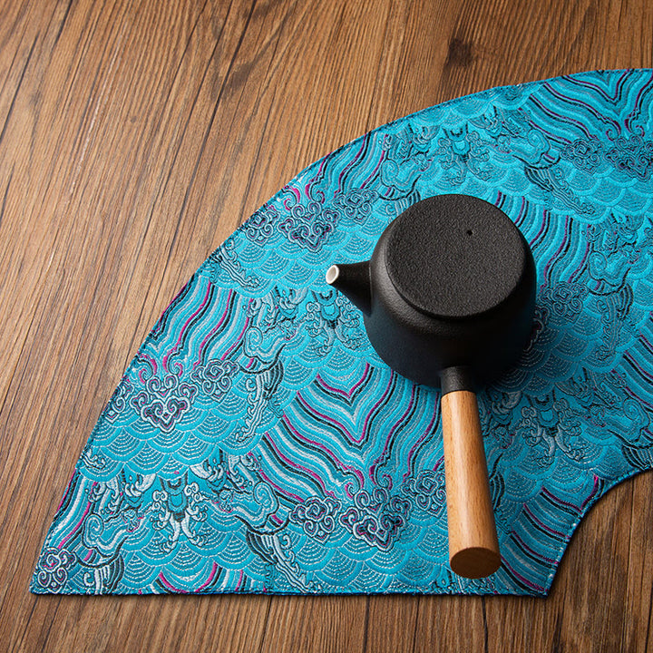 Buddha Stones Vintage Sea Wave Bamboo Plum Blossom Embroidered Cup Mat Pad Tea Cup Coaster Kung Fu Tea Mat