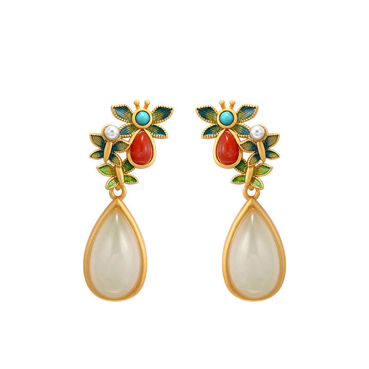 Buddha Stones Water Drop White Jade Red Agate Butterfly Protection Drop Dangle Earrings