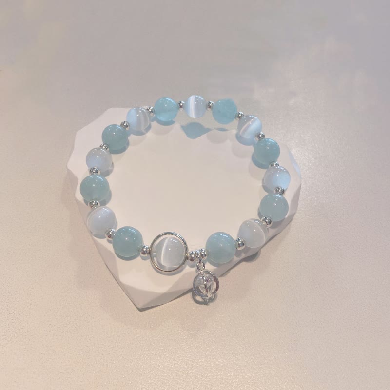 Buddha Stones 925 Sterling Silver Cat's Eye Aquamarine Support Charm Bracelet - image 6
