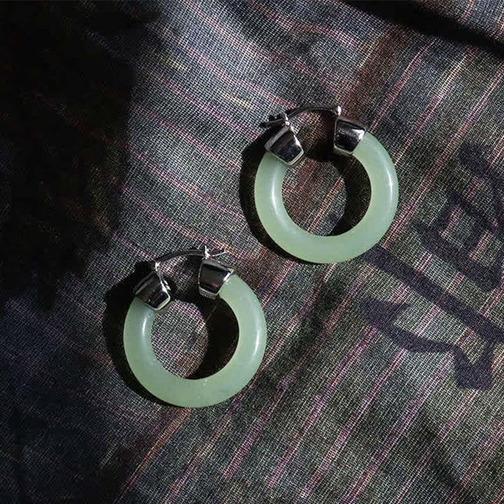 Buddha Stones Round Jade White Jade Prosperity Earrings - image 1