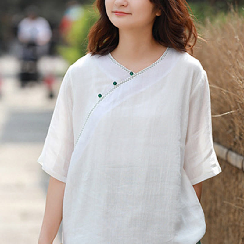 Buddha Stones V-Neck Ramie Linen Loose Casual Blouse Short Sleeve Shirt Chinese Style Top