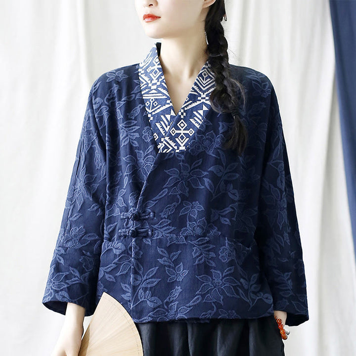 Buddha Stones Flower Jacquard V-Neck Long Sleeve Jacket