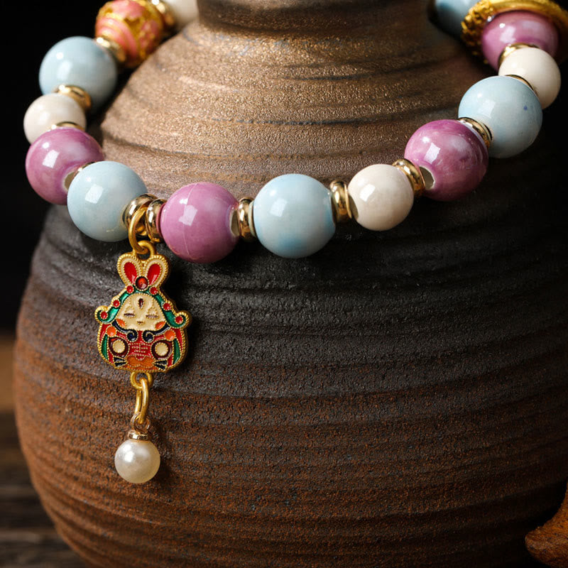 Buddha Stones Tibetan Zakiram Goddess of Wealth Rabbit Lion Head Charm Liuli Glass Incense Ash Porcelain Bead Protection Bracelet - image 3