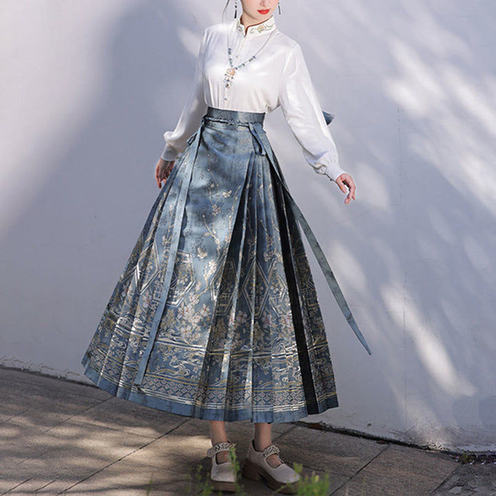 Buddha Stones Chinese Hanfu Blue Patio Plum Blossoms Printed Horse Face Skirt Mamianqun