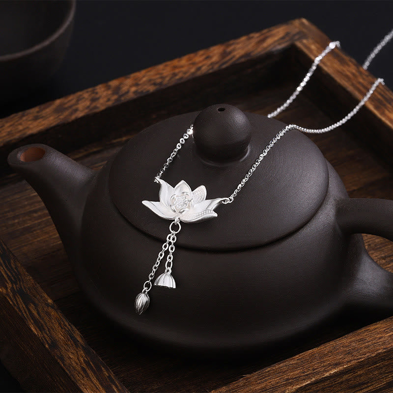 Buddha Stones 999 Sterling Silver Lotus Flower Pod Carved Enlightenment Necklace Pendant - image 2