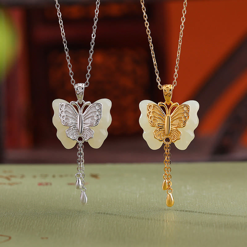 Buddha Stones 925 Sterling Silver Plated Gold Hetian White Jade Butterfly Blessing Necklace Pendant - image 0