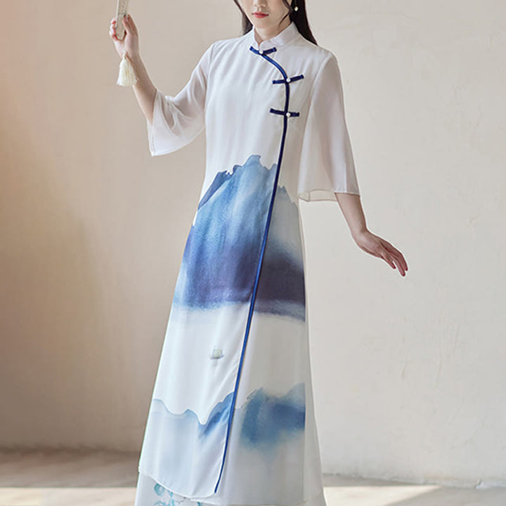 Buddha Stones Blue Landscape Painting Three Quarter Chinese Cheongsam Midi Dress