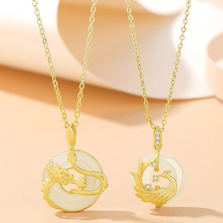 ❗❗❗A Flash Sale- Buddha Stones 925 Sterling Silver Year of the Dragon Hetian Jade Golden Dragon Phoenix Peace Buckle Luck Necklace Pendant - image 6