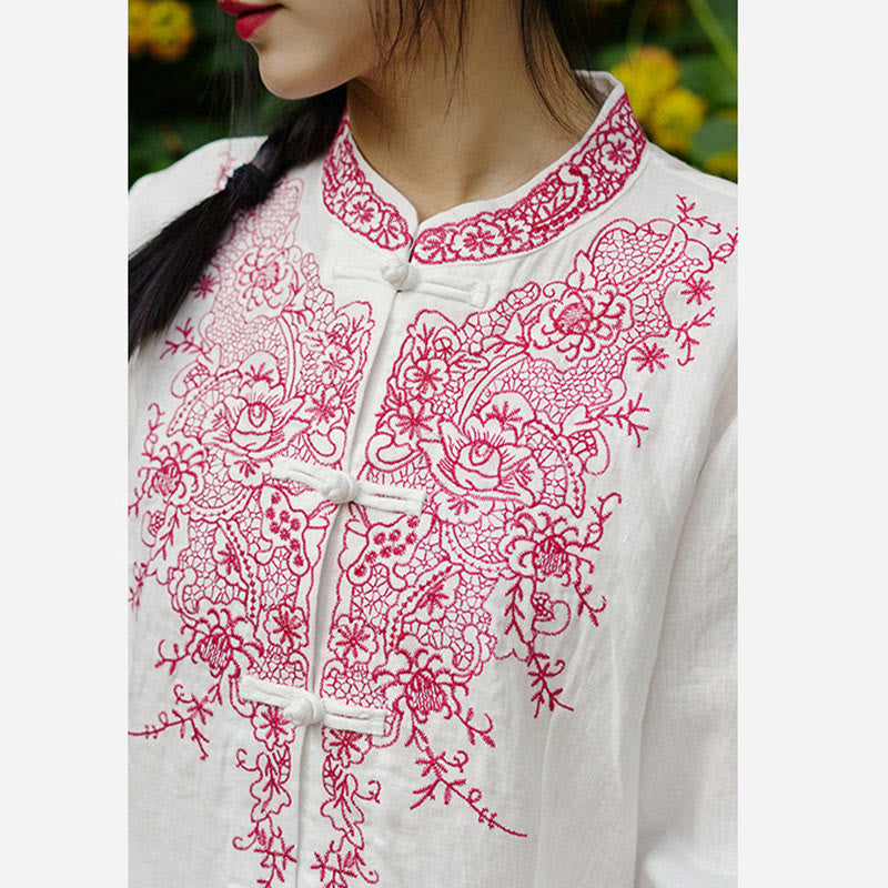 Buddha Stones Flower Embroidery Frog-button Design Shirt Top Linen Clothing