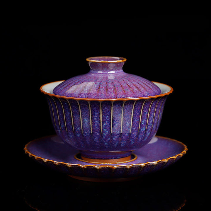 Buddha Stones Retro Glaze Kiln Change Ceramic Gaiwan Sancai Teacup Kung Fu Tea Cup And Saucer With Lid - Purple STYLE (COLOR & GLAZE MAY VARY) - 11.5cm*8.5cm*140ml - image 0