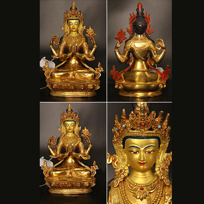 Bodhisattva Tara Chenrezig Four-armed Avalokitesvara Protection Copper Gold Plated Statue Decoration - image 7