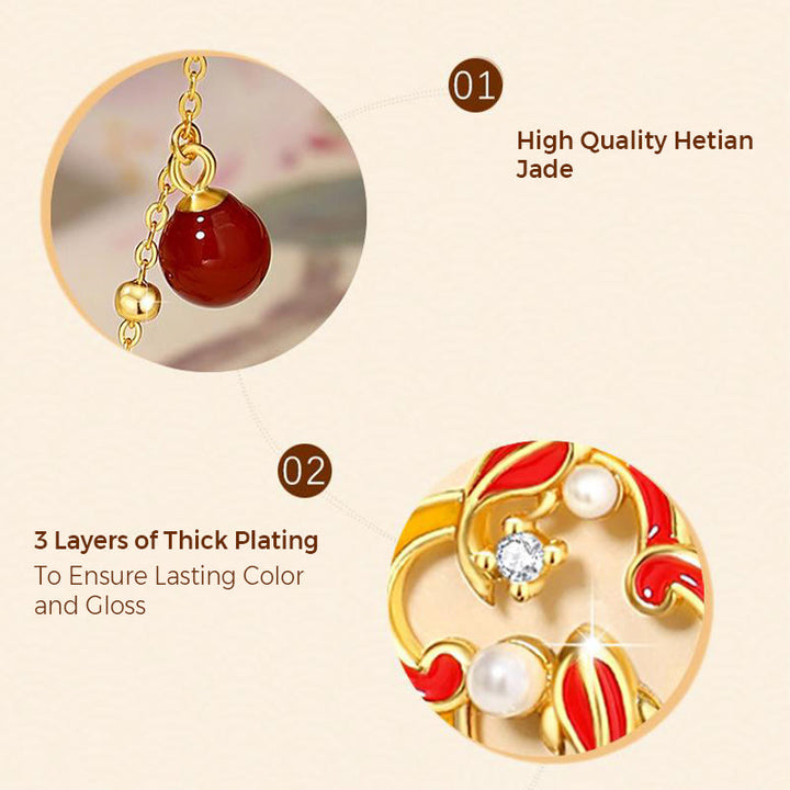 Buddha Stones 925 Sterling Silver Four Leaf Clover Koi Fish Red Agate Pearl Wealth Bracelet Necklace Pendant Earrings Set