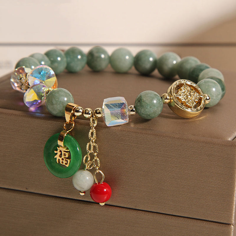 Buddha Stones Strawberry Quartz Jade Fu Character Charm Healing Bracelet