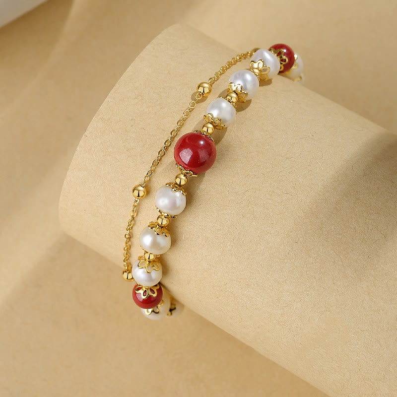 Buddha Stones 925 Sterling Silver Pearl Cinnabar Wisdom Bead Double Layer Chain Bracelet - image 1