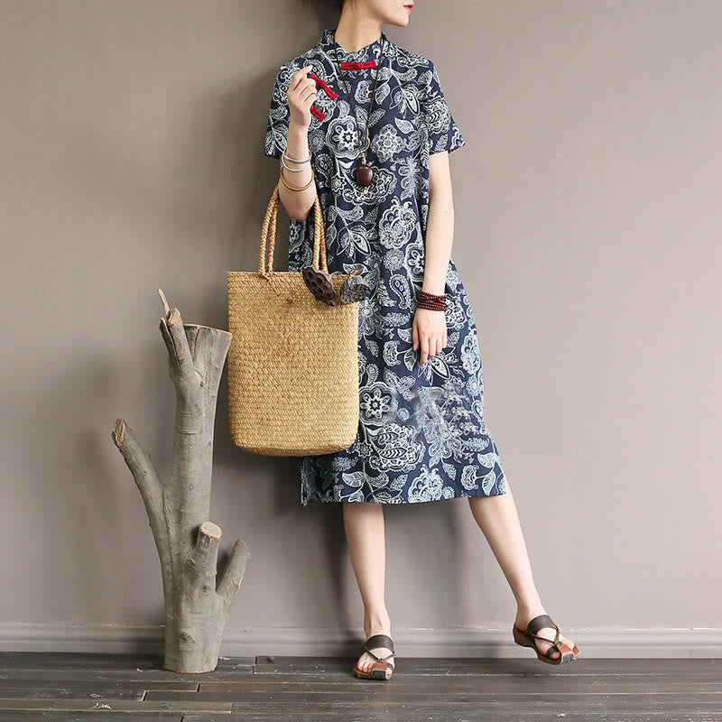 Buddha Stones Blue White Flower Frog-button Cheongsam Dresses Short Sleeve Linen Dresses With Pockets