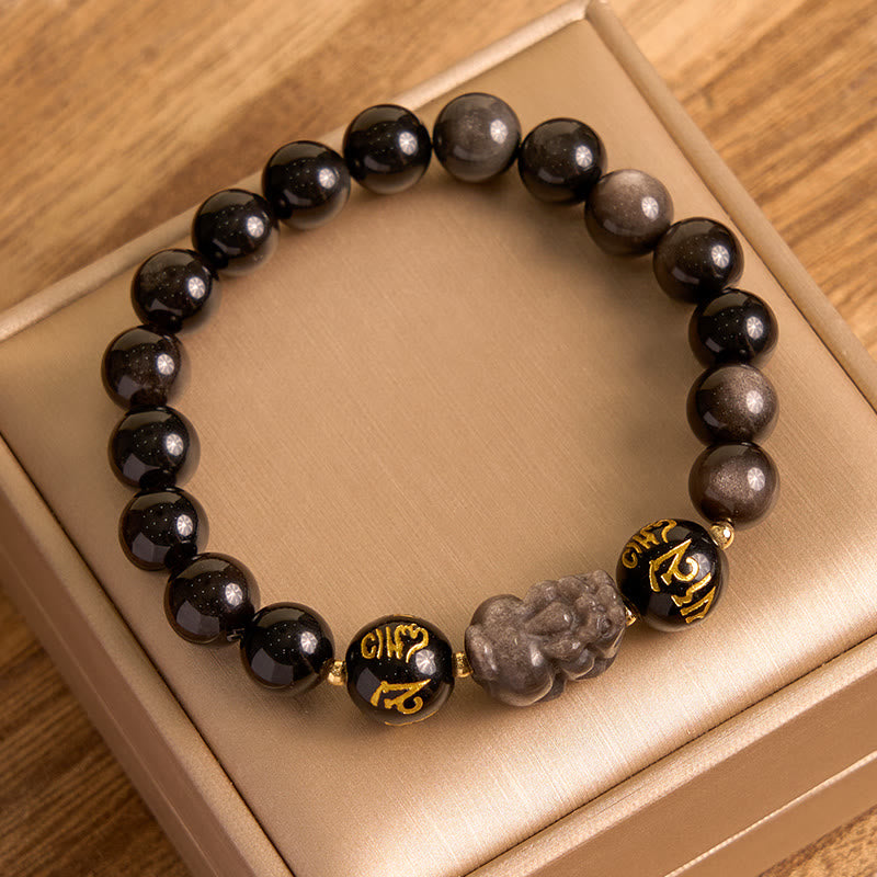 Buddha Stones Natural Silver Sheen Obsidian Black Obsidian Om Mani Padme Hum Pixiu Protection Bracelet