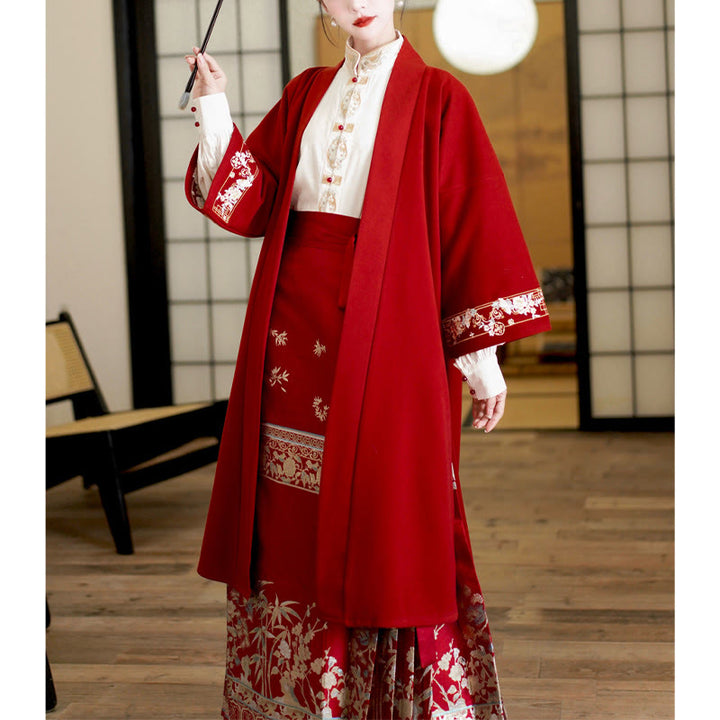 Buddha Stones Flower Bamboo Embroidery Long Sleeve Shirt Top Chinese Horse Face Skirt Mamianqun Wrapped Skirt Coat