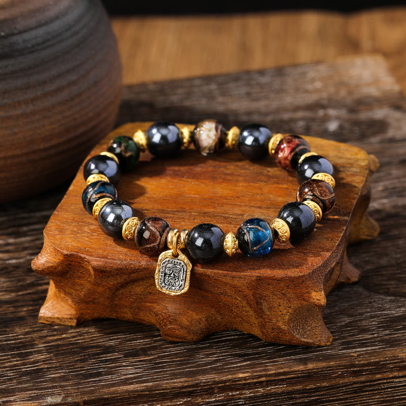 Buddha Stones Tibetan Zakiram Goddess of Wealth Liuli Glass Incense Ash Porcelain Bead Luck Bracelet - Blue Multicolored Liuli Glass Bead - 14mm - image 8