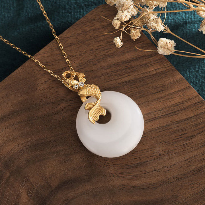 Buddha Stones White Jade Koi Fish Wealth Prosperity Necklace Pendant - image 2