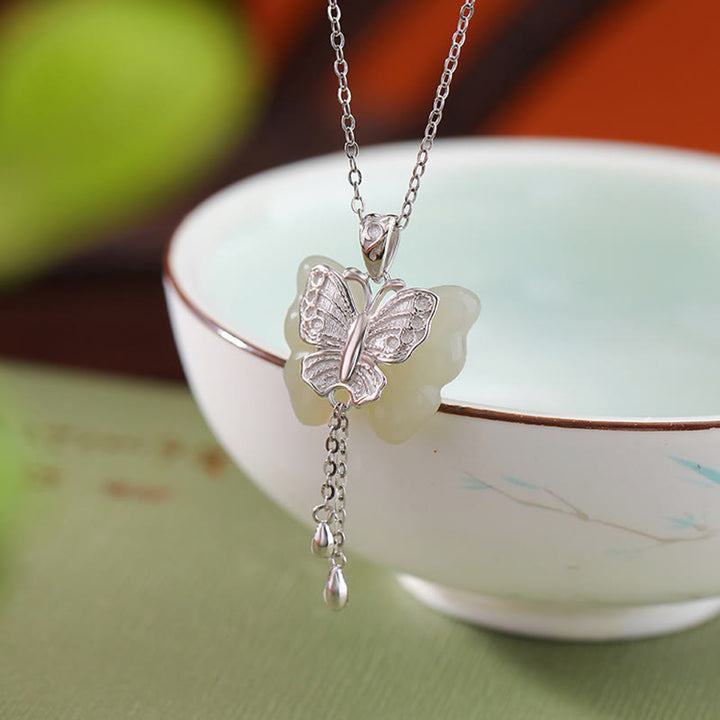 Buddha Stones 925 Sterling Silver Plated Gold Hetian White Jade Butterfly Blessing Necklace Pendant - image 9