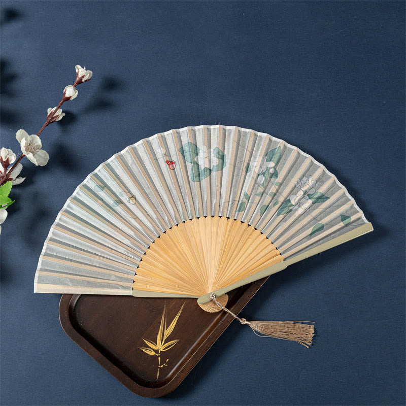 Buddha Stones Lotus Begonia Flower Jasmine Handheld Silk Bamboo Folding Fan 21cm