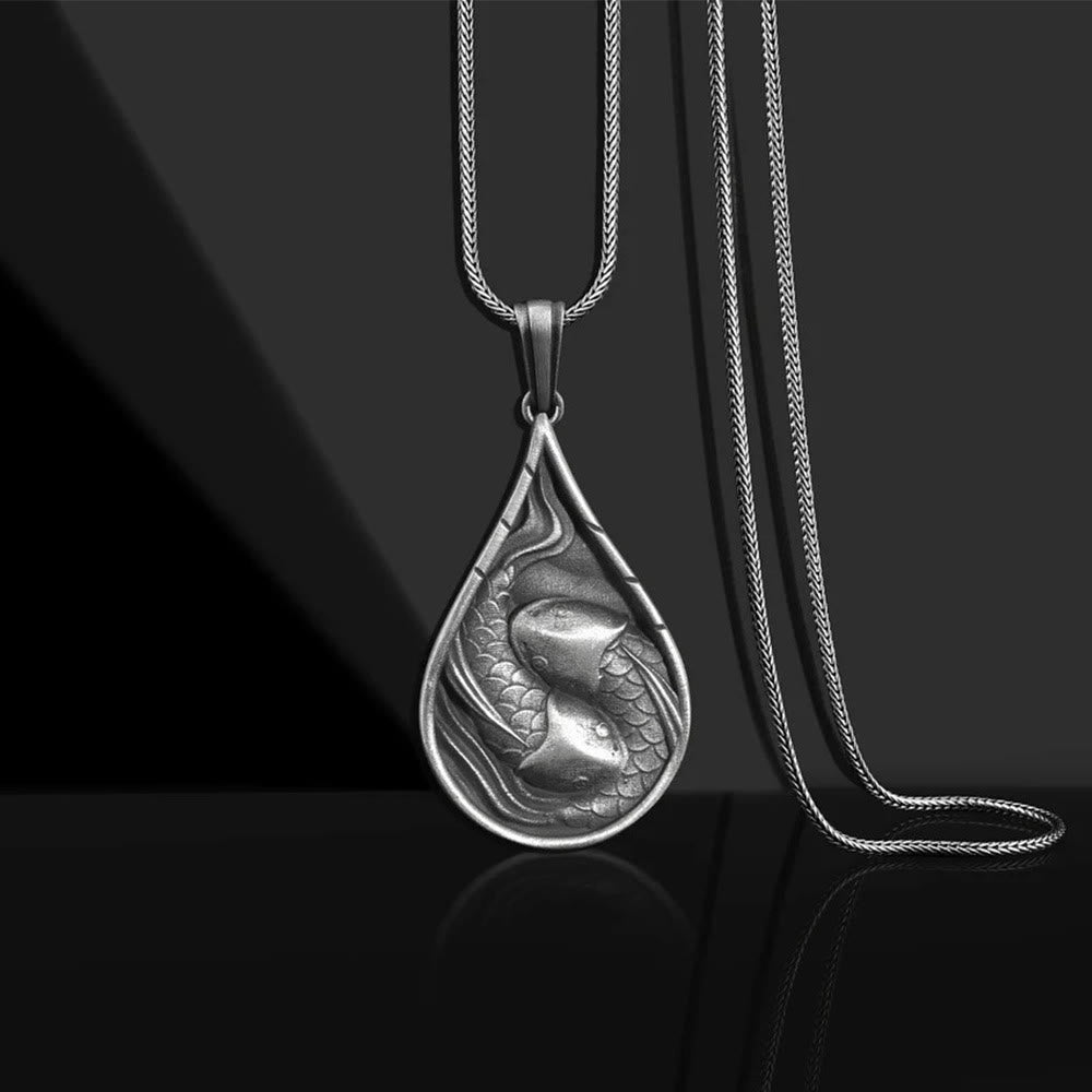 Buddha Stones Double Lucky Koi Fish Prosperity Pure Tin Water Drop Pattern Necklace Pendant - Koi Fish Pendant&Keel Chain - image 1