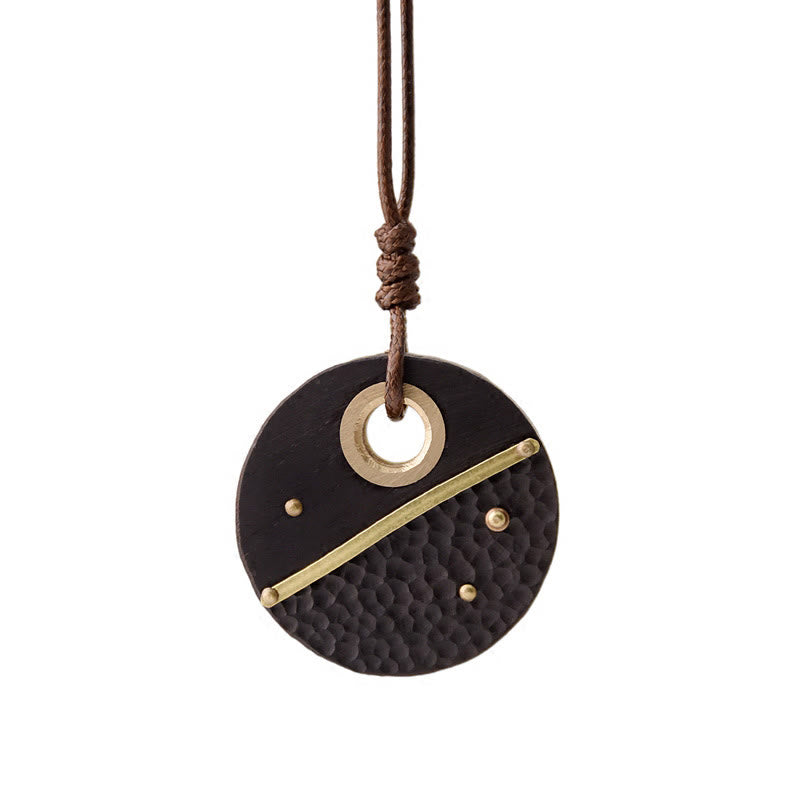 Buddha Stones Handcrafted Round Ebony Wood Brass Copper Peace Necklace Pendant - image 10