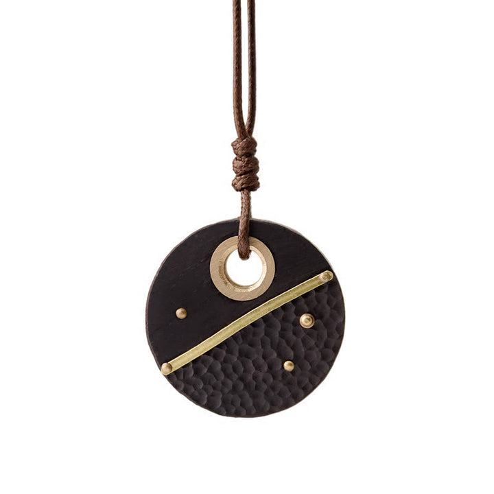 Buddha Stones Handcrafted Round Ebony Wood Brass Copper Peace Necklace Pendant - image 10