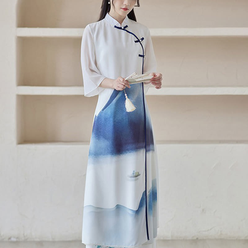 Buddha Stones Blue Landscape Painting Three Quarter Chinese Cheongsam Midi Dress