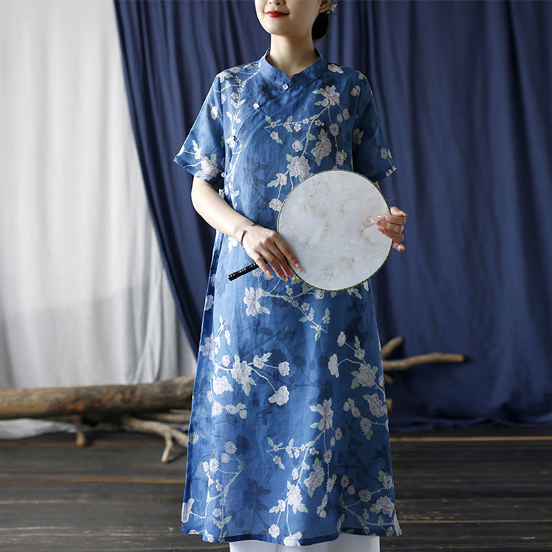 Buddha Stones Ramie Linen Blue White Flowers Branches Cheongsam Dresses Short Sleeve Dress