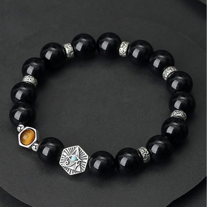 Buddha Stones 925 Sterling Silver Black Obsidian Tiger Eye Eye of Providence Purification Bracelet - image 5