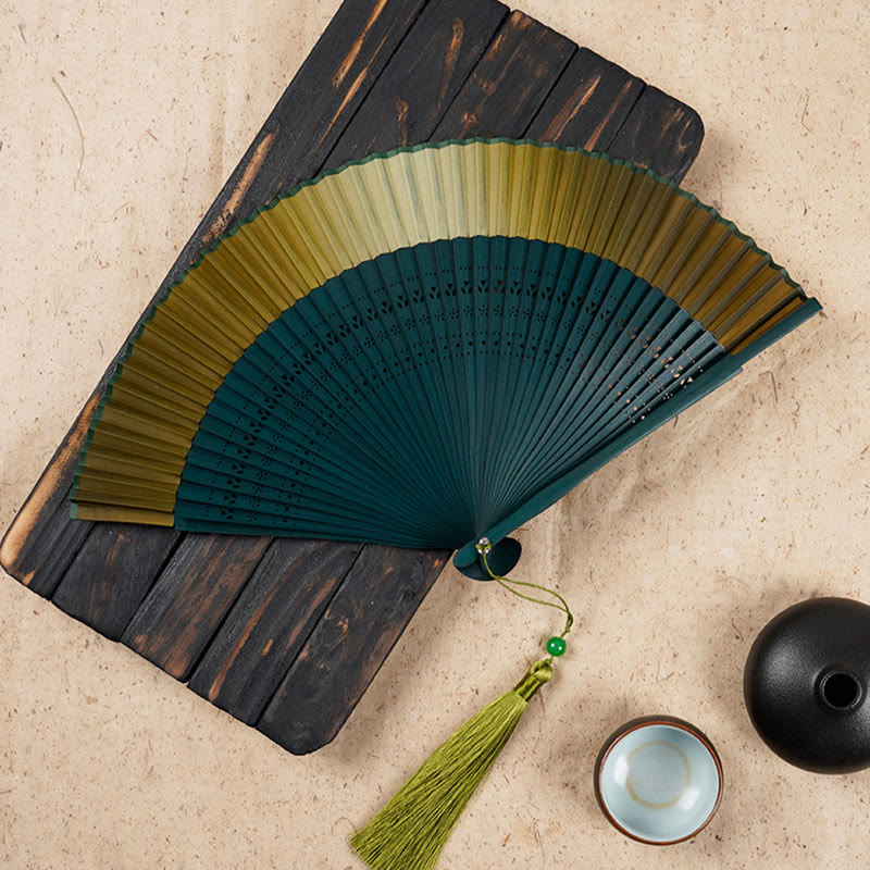 Buddha Stones Solid Color Gradient Hollow Engraved Handheld Bamboo Folding Fan